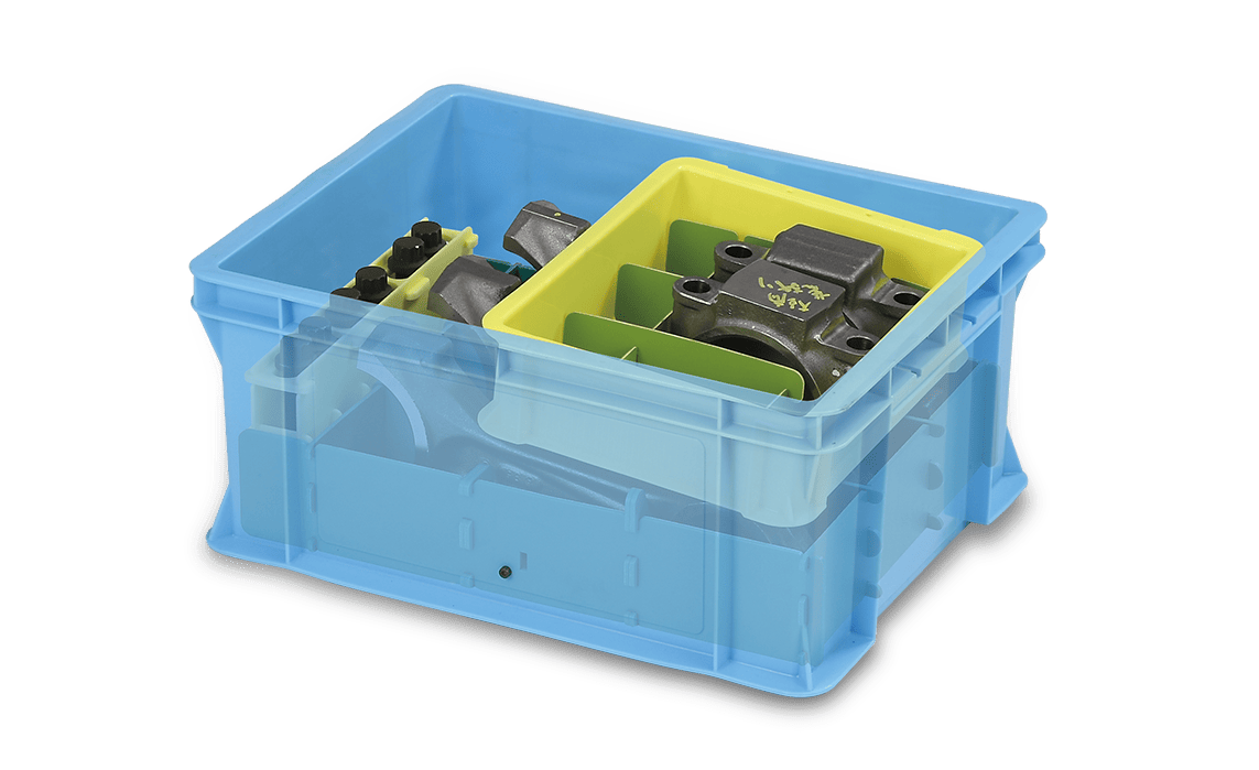 プラスチックコンテナ（通い箱）と工場内で重量物の運搬できる重さと油に負けない仕切り（内装材）