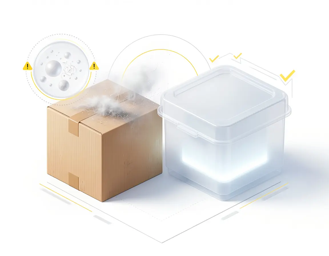 段ボールからの紙粉（パーティクル）発生リスクとプラスチック材の清潔さの比較イメージ